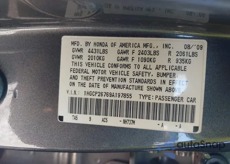 2009 Honda Accord 2.4 Ex from USA, damaged, VIN 1HGCP26769A197855